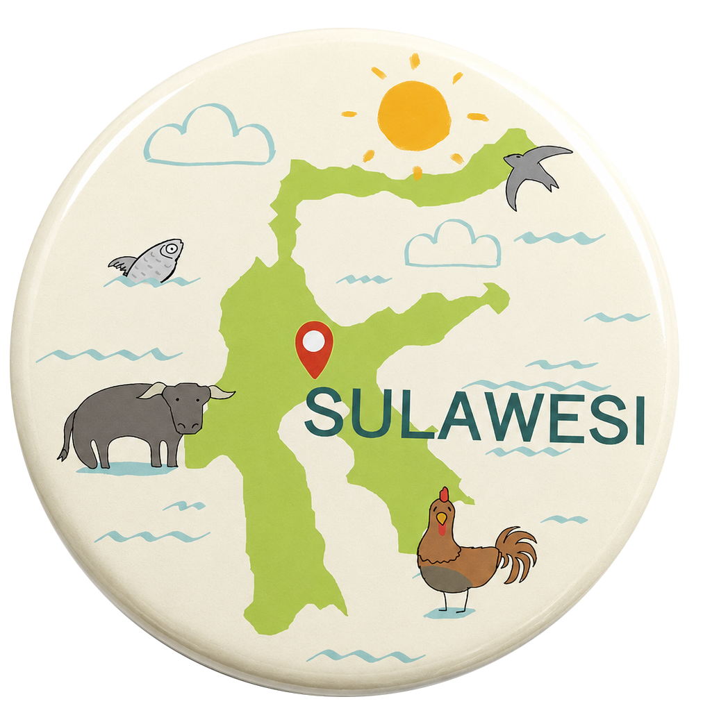 スラウェシ島の地図と太陽、魚、鳥、牛、鶏が描かれたSULAWESI缶バッジ